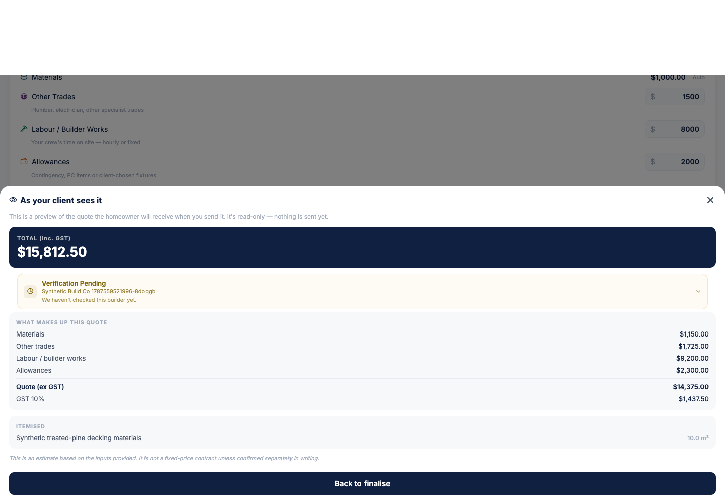 iQuote builder quotation screen